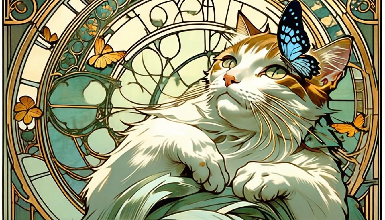 Cat and Butterfly in Art Nouveau Style