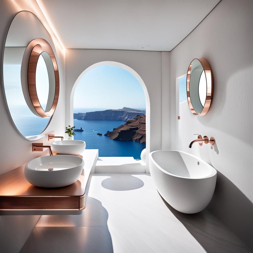 Rose Gold Modern Bathroom with Santorini Sea View