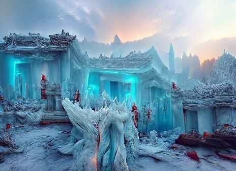 Ethereal Ice Temple with Red Glow in 8K
