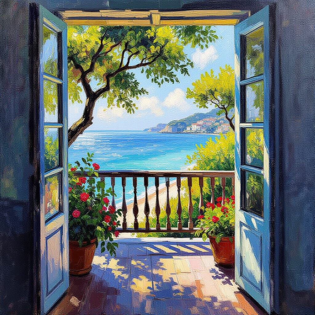 Balcony View of Sea Beach in Sunlight, Impasto Oil Painting