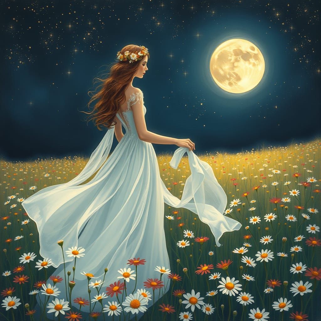 Ethereal Woman Under Starry Midnight Sky