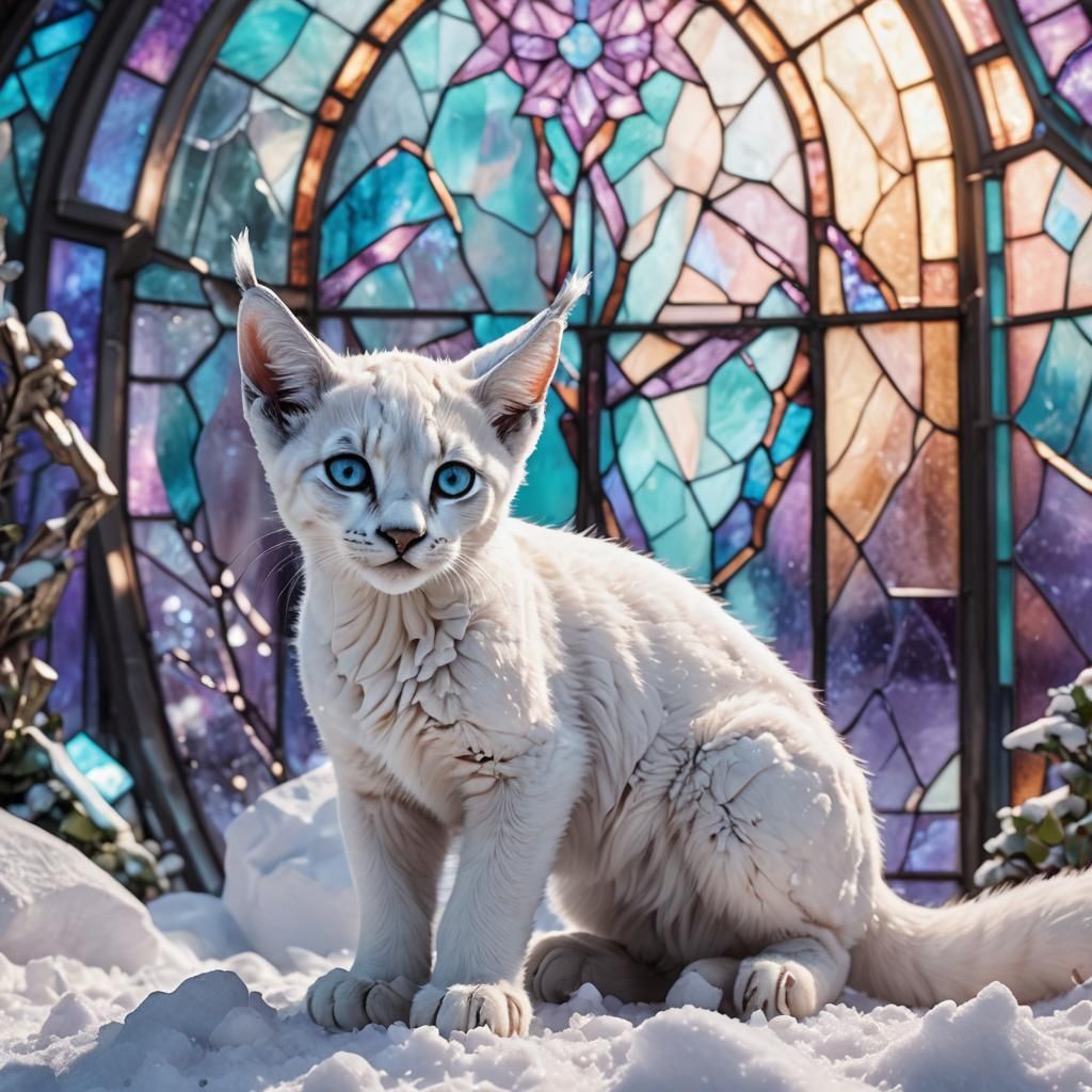 Metallic Caracal Kitten in Stained Glass Snowscape