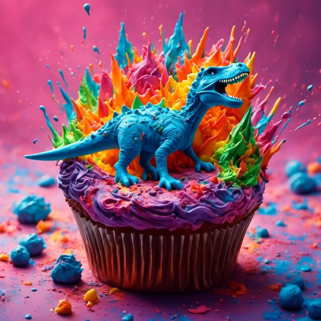 Detailed Vibrant Dinosaur Cupcakes in Hyperreal Style