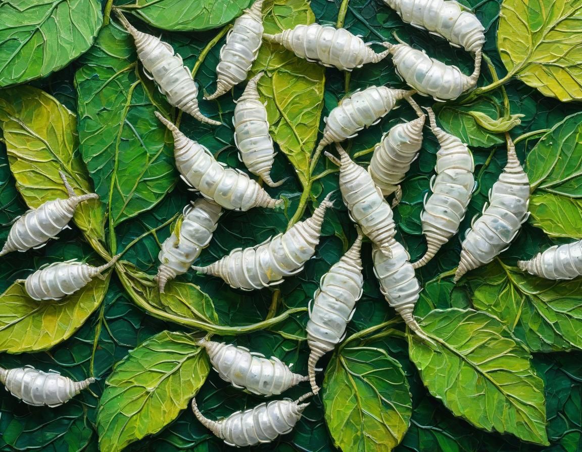 Silkworms on Mulberry Leaves as Impasto Painting