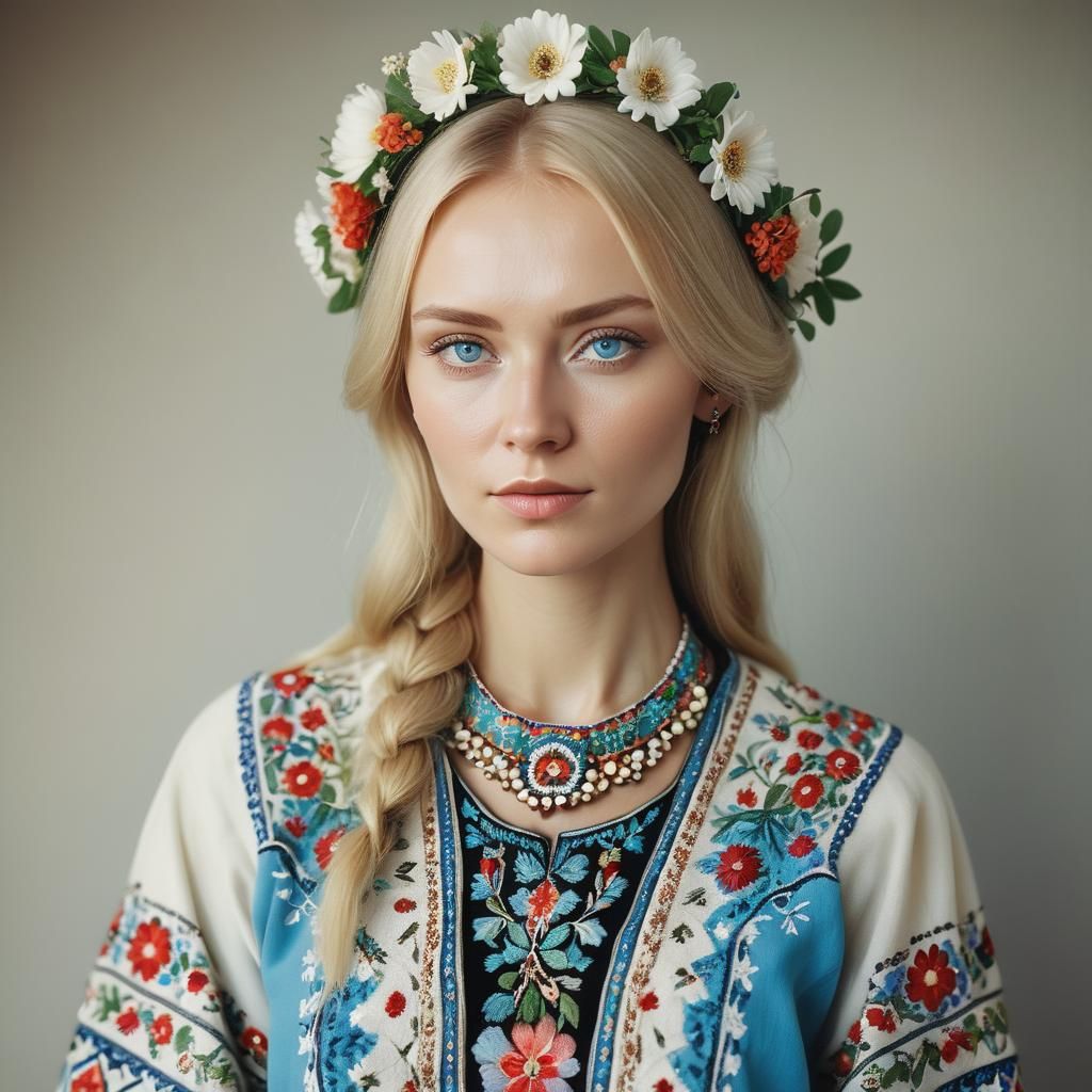 Russian Woman in Traditional Dress: Folk Realism Portrait