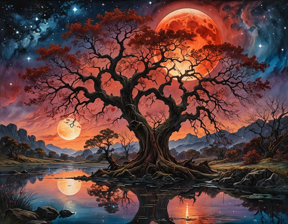 Blood Moon Reflection in Watercolor Style