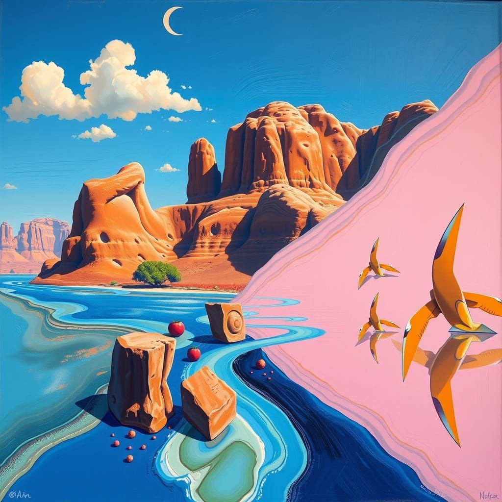 Surrealist Gouache Artwork with Dynamic L Composition