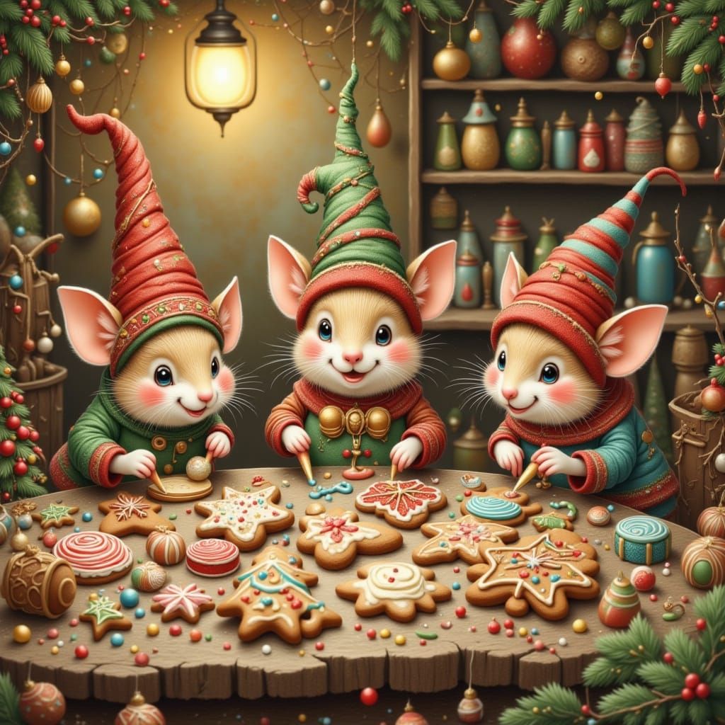 Mice Elves Decorating Cookies in Cozy Kitchen