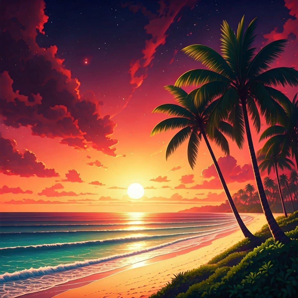 Tropical Beach Sunset in Anime Style