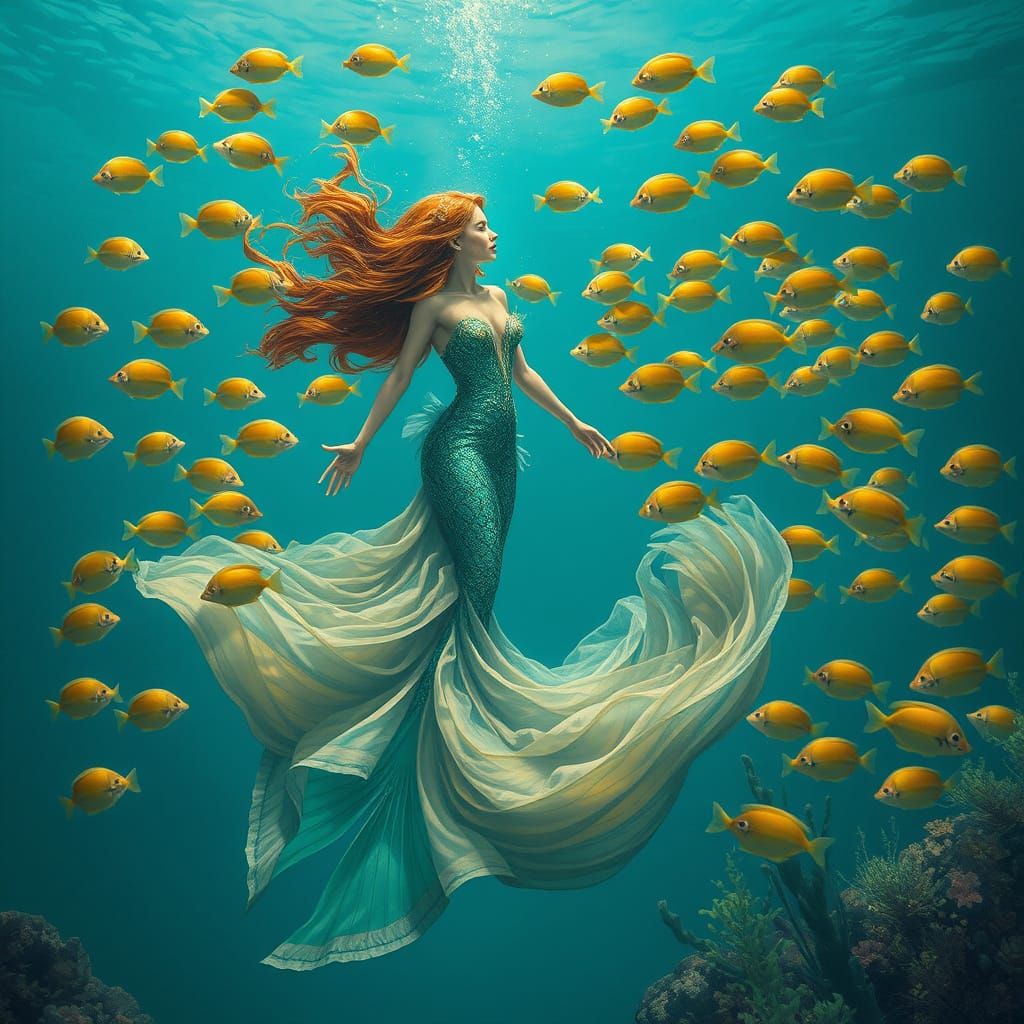 Mermaid Among Fish in Turquoise Sea