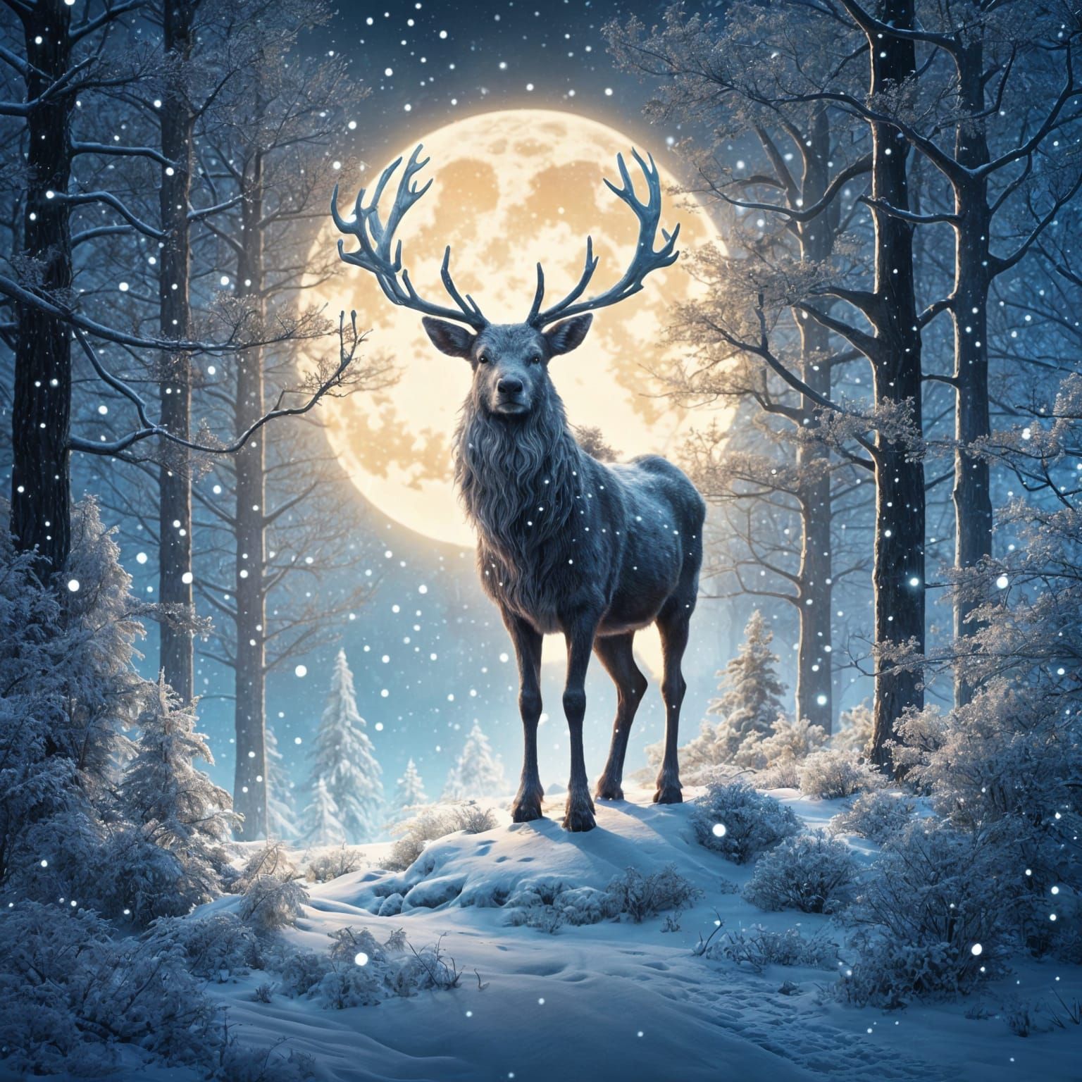 Luminous Reindeer in Moonlit Winter Forest