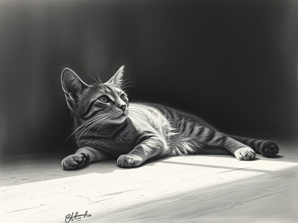 Senior Cat Near Sunshine Ray, Charcoal Drawing