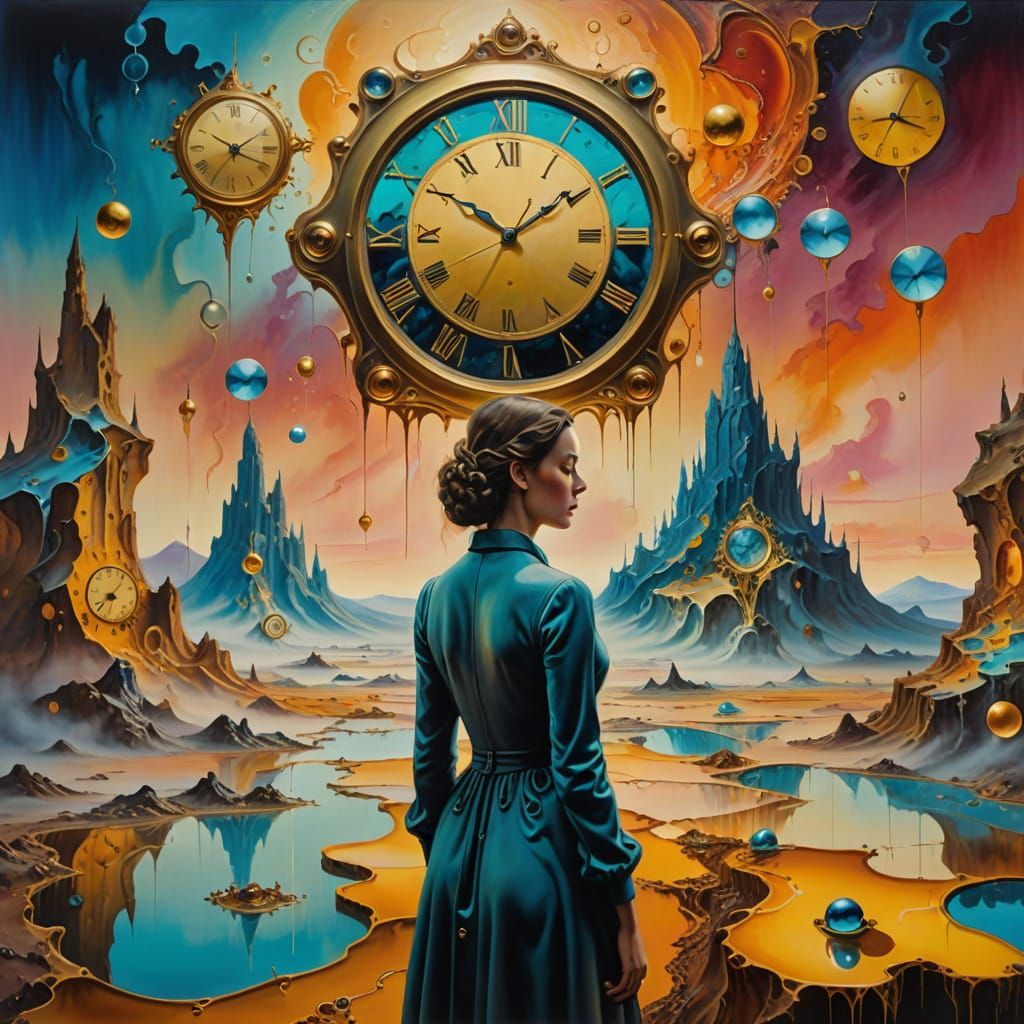 Dreamlike Girl in Surrealist Landscape as Oil Painting