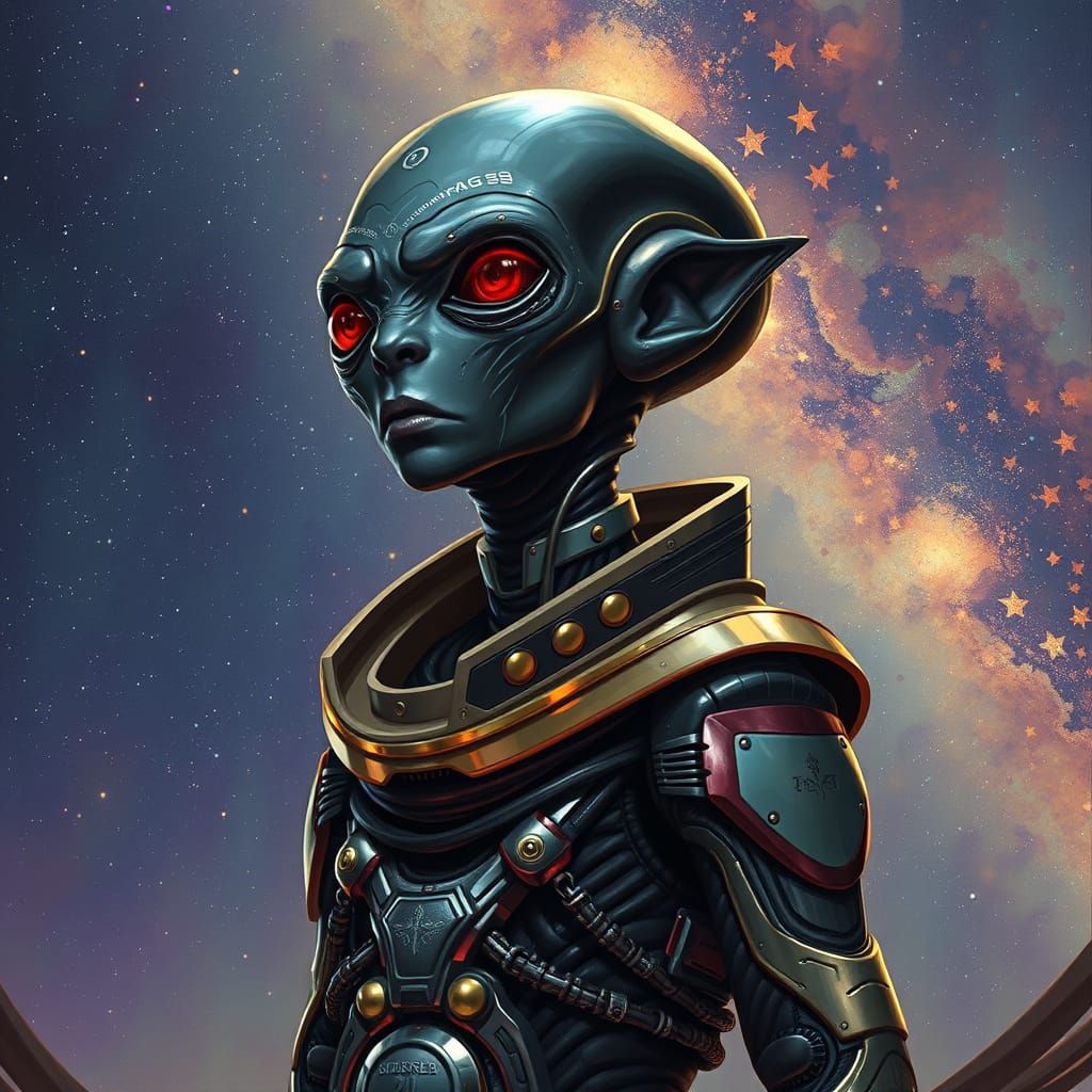 Dark Alien in Metallic Attire Under Starry Sky