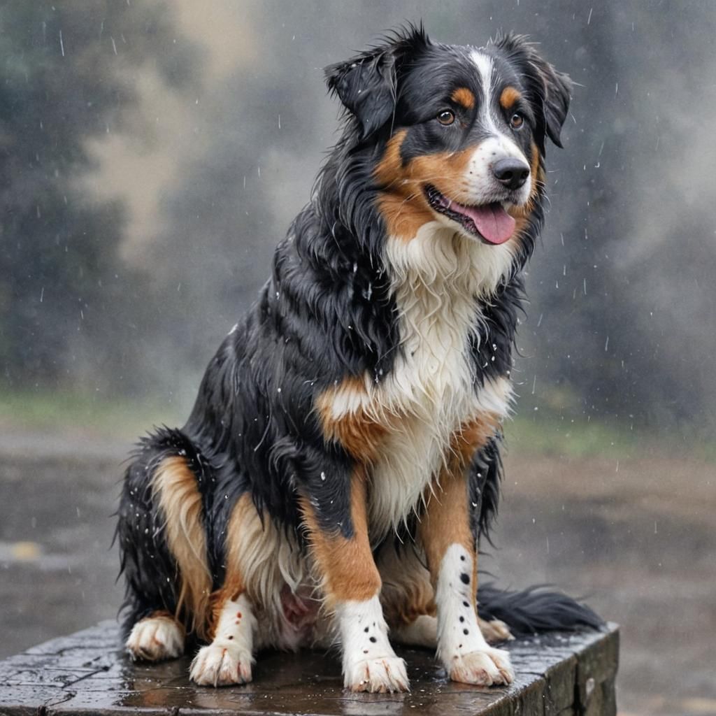 Wet Australian Shepherd in Rain: Watercolor Painting