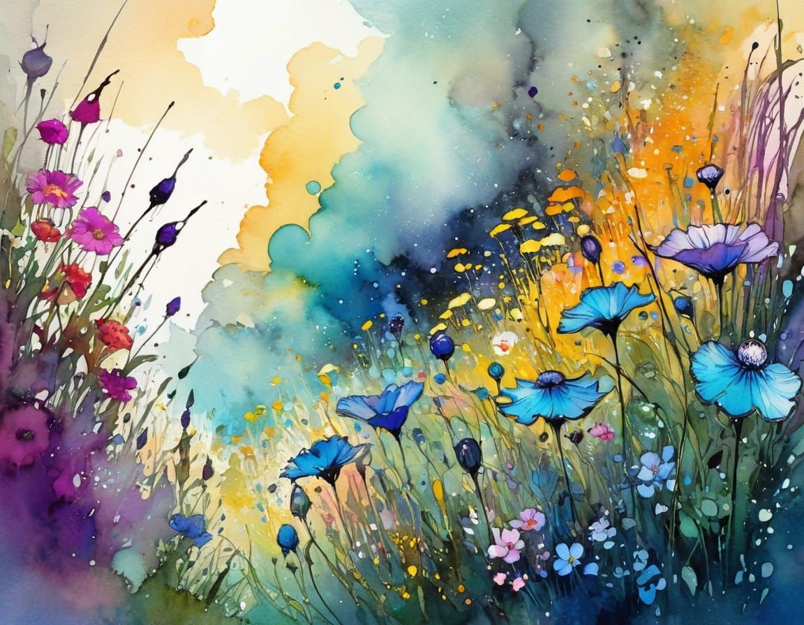 Detailed Wildflowers in Liquid Ink Watercolour Style