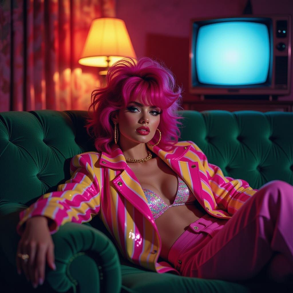 Woman in Neon Jacket on Velvet Couch, Retro Glow