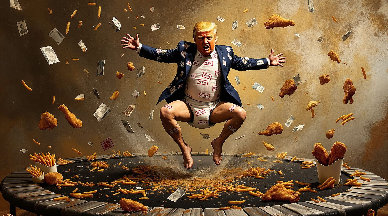 Surreal Concept Art of Trump in Diaper with Fried Food