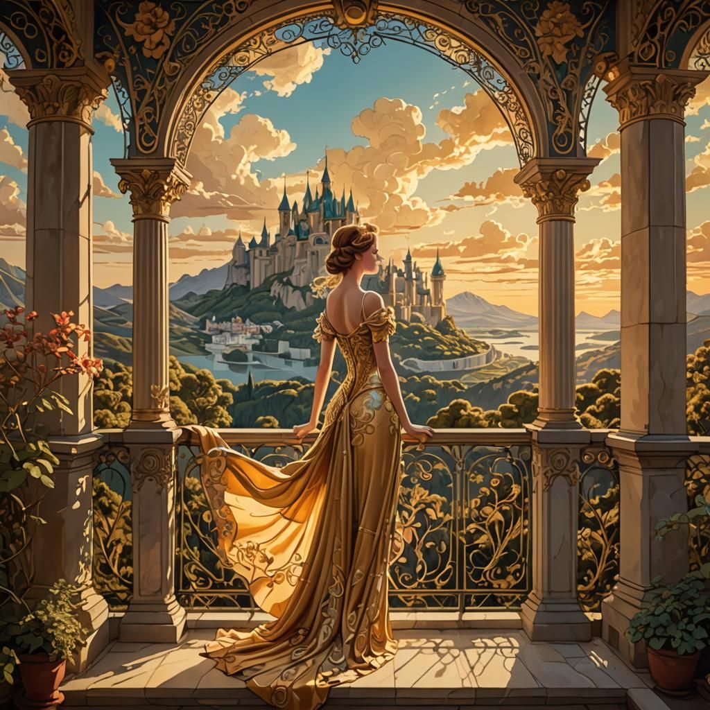 Princess Overlooks Kingdom in Art Nouveau Style