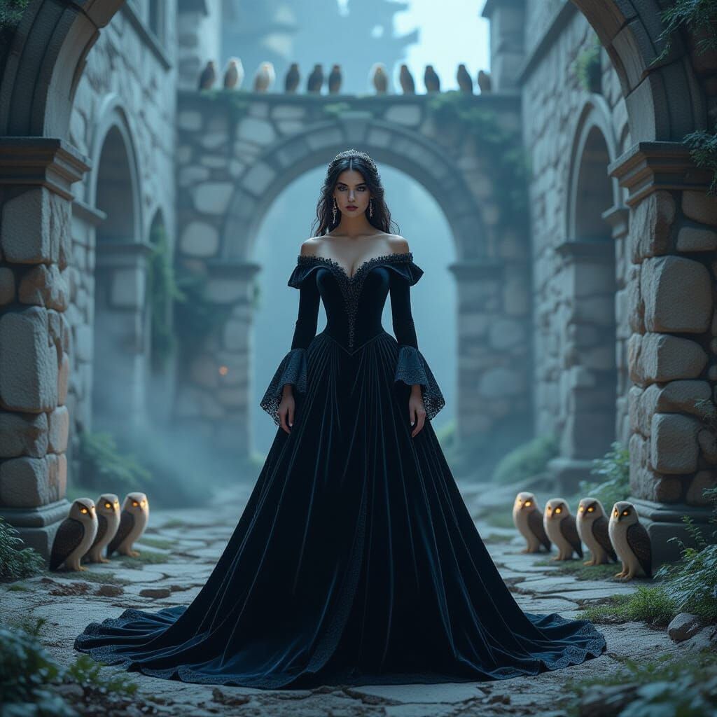 Mystical Princess in Abandoned Courtyard at Night