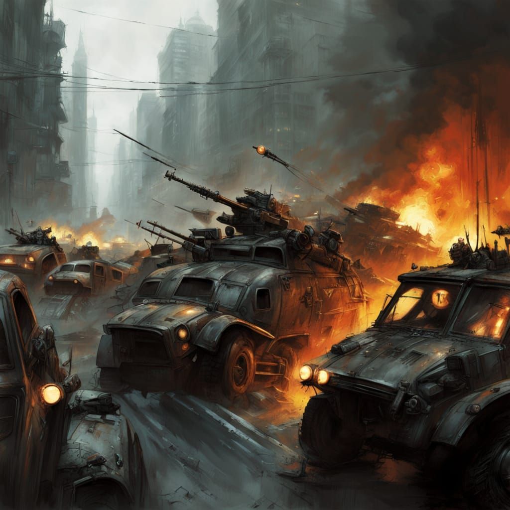 Dystopian Sci-Fi Armored Cars Battle in Post-Apocalyptic Tra...
