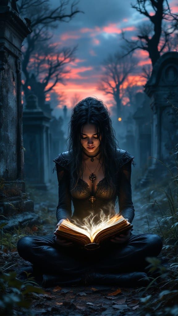 Ethereal Twilight Cemetery Scene in Moody, Atmospheric Style