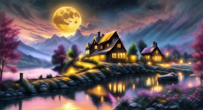 Picturesque Village at Night with Pink Moon