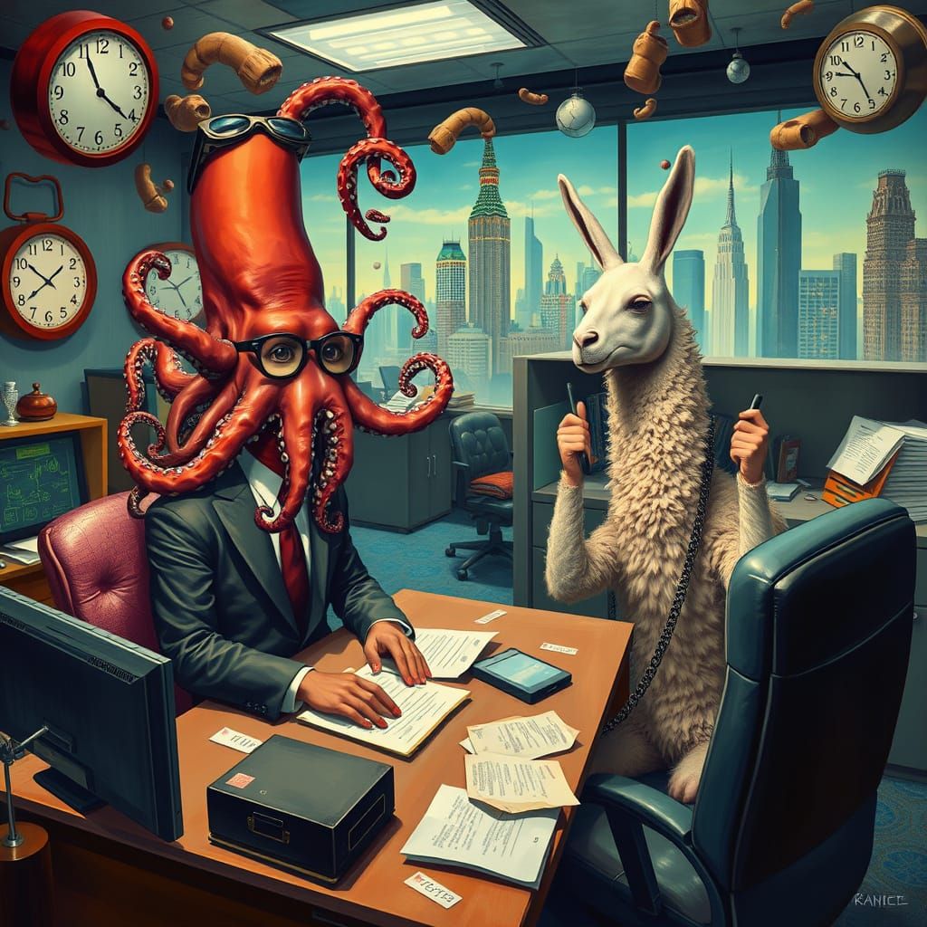 Eccentric Office Scene in Dreamlike Surrealist Style