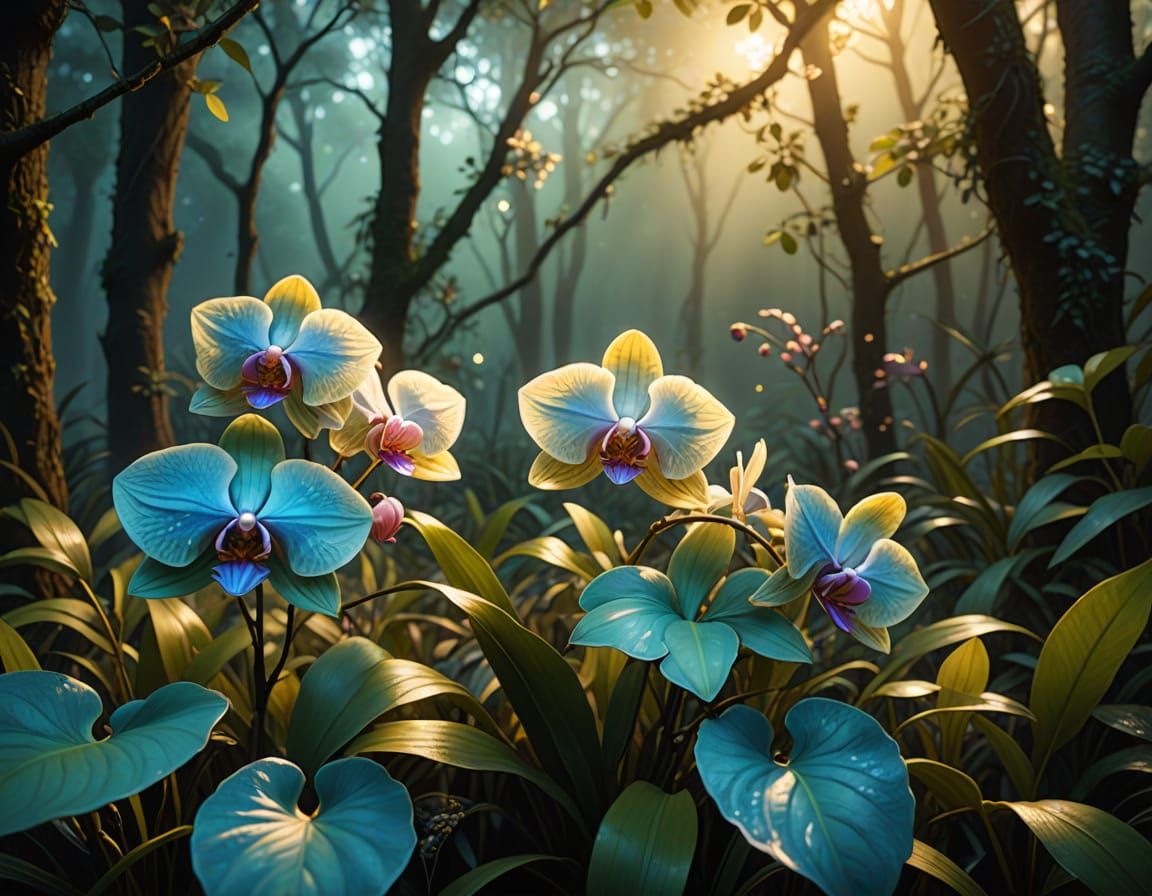 Mystical Cyan Orchid in Art Nouveau Style