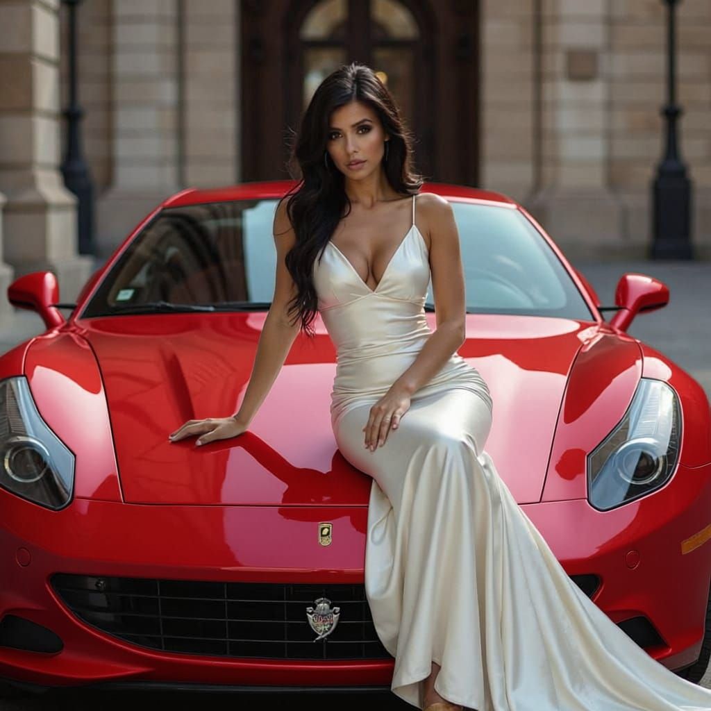 Woman in White Satin Dress on Lamborghini