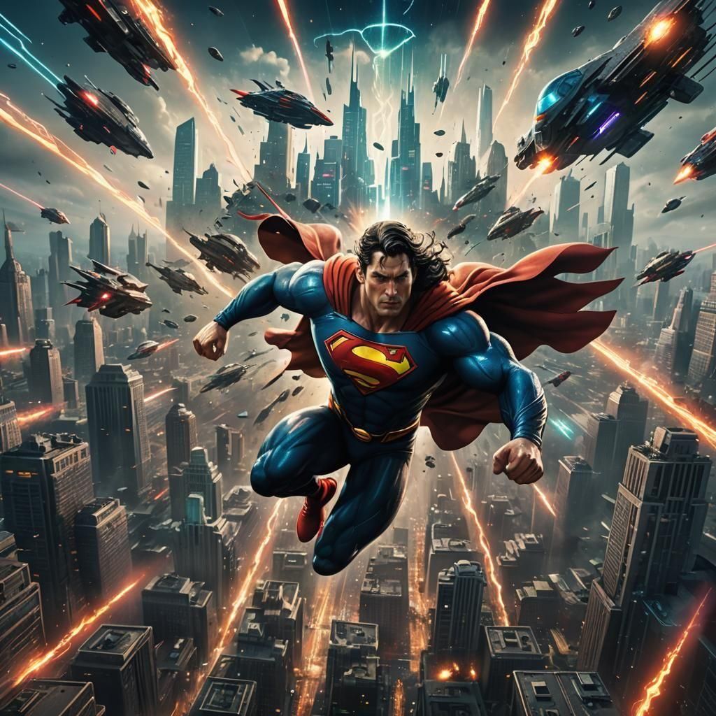Superman in Metropolis Under Attack: Fantasy Concept Art
