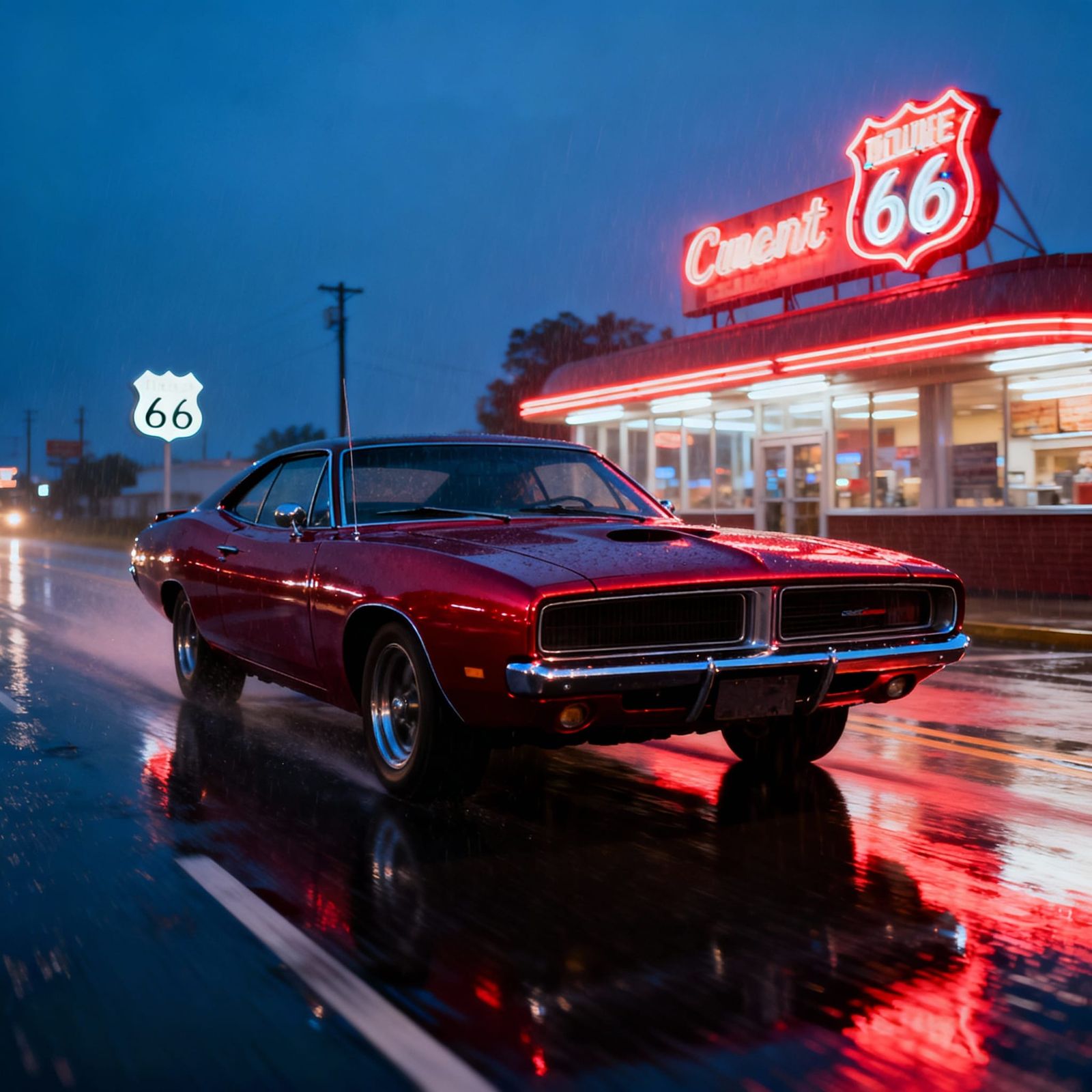1969 Red Dodge Charger on Wet Route 66 at Dusk