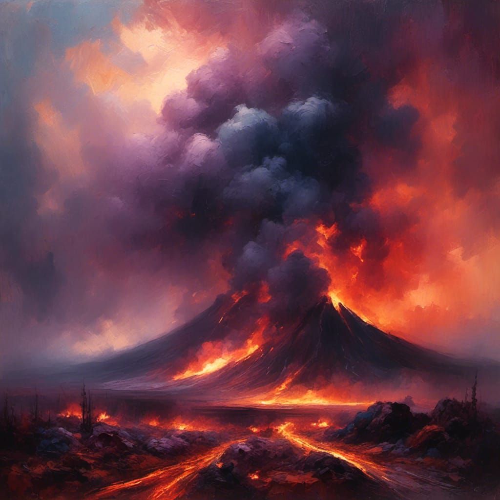 Volcanic Eruption Lit by Lightning: Dramatic Landscape Paint...