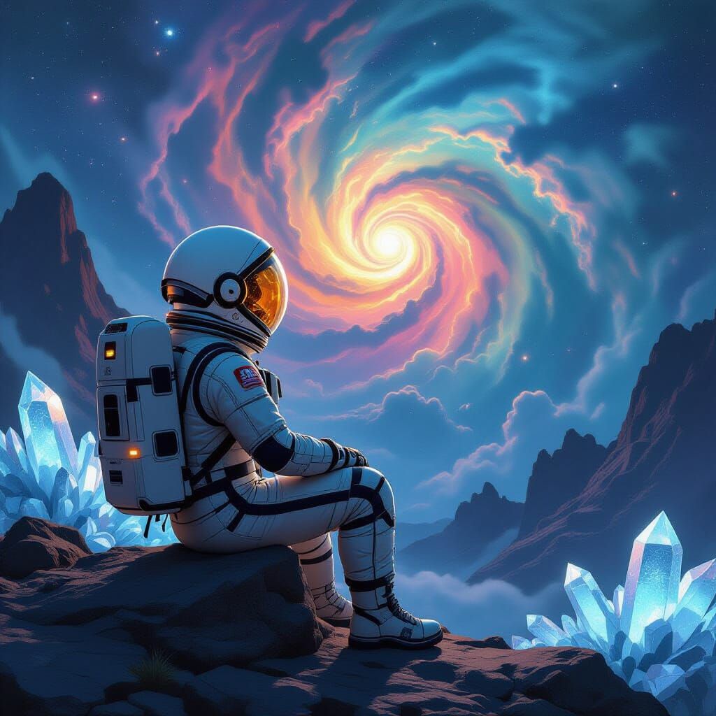 Astronaut Contemplates Nebula in Retro-Futuristic Landscape