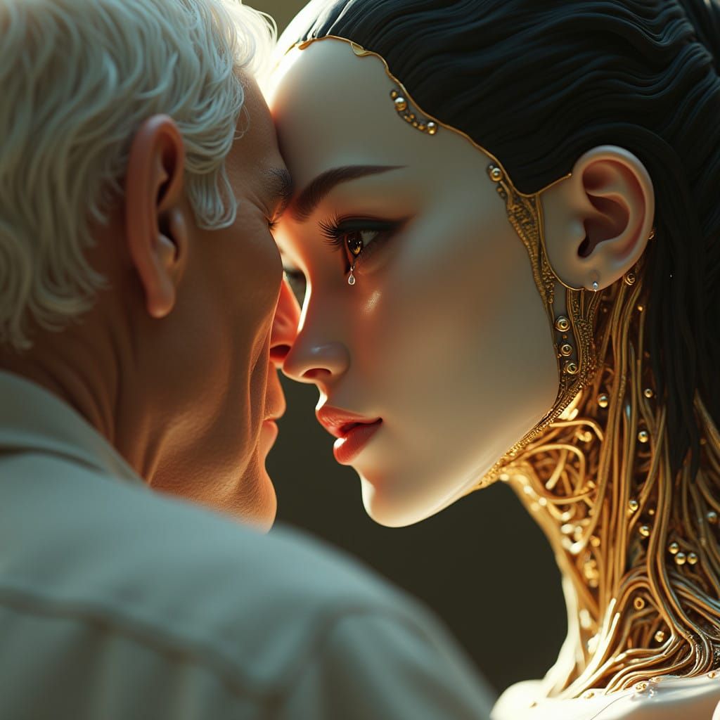 Cyberpunk Robot Goddess in Tender Moment with Elderly Gentle...