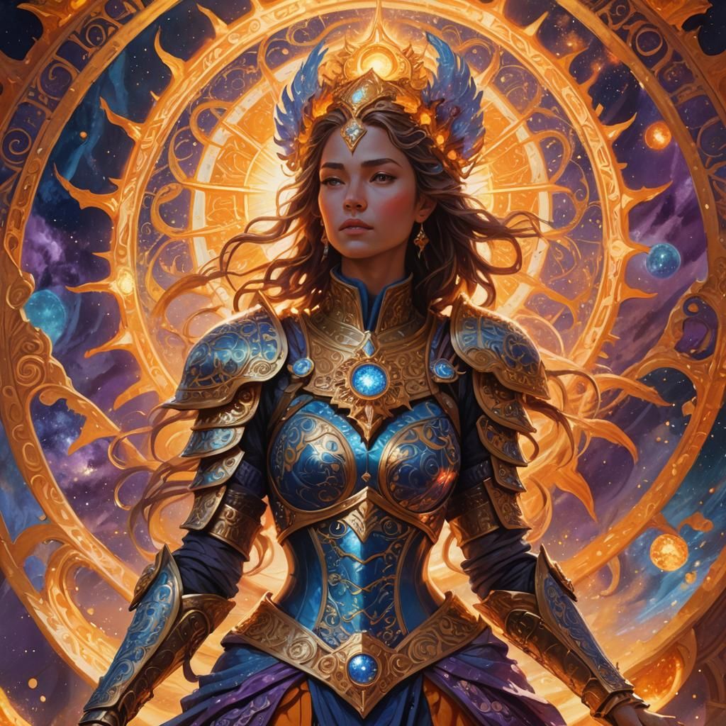 Regal Woman Amidst Solar Flares: Fantasy Art Deco