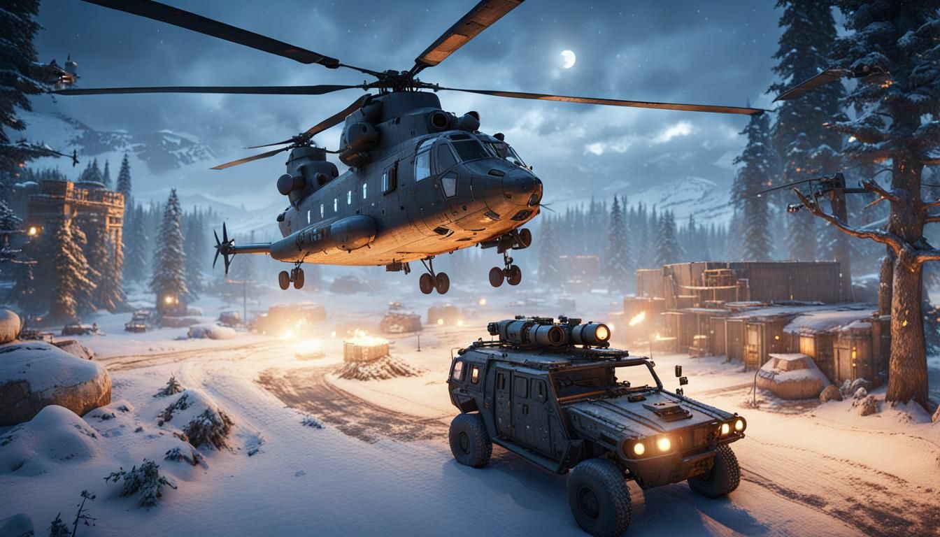 Mad Max Chinook Helicopter in Winter, Cinematic 3D