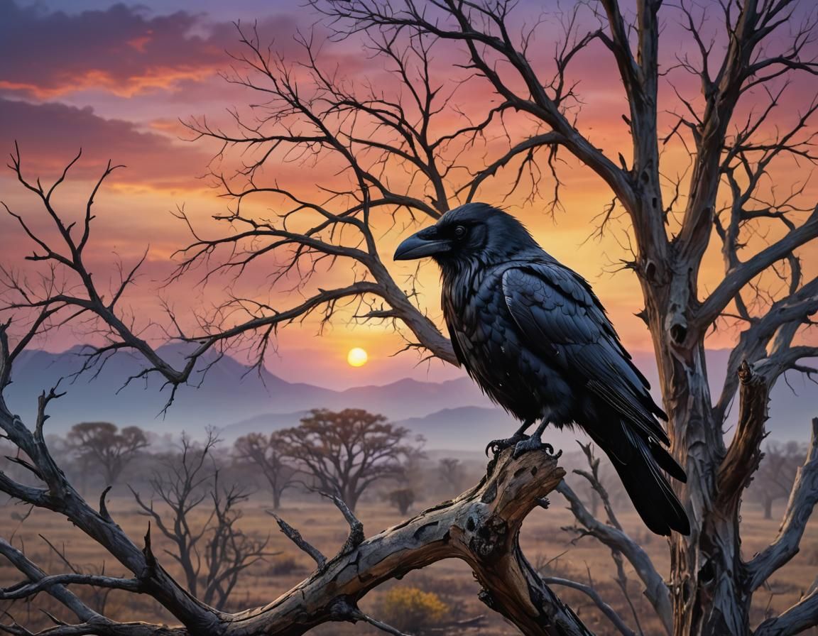 Crow on Branch at Sunrise: Hyperrealistic Splash Art