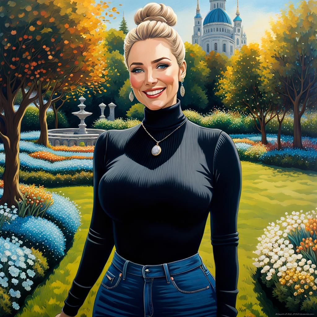 Curvy Woman in Mystic Garden with City View