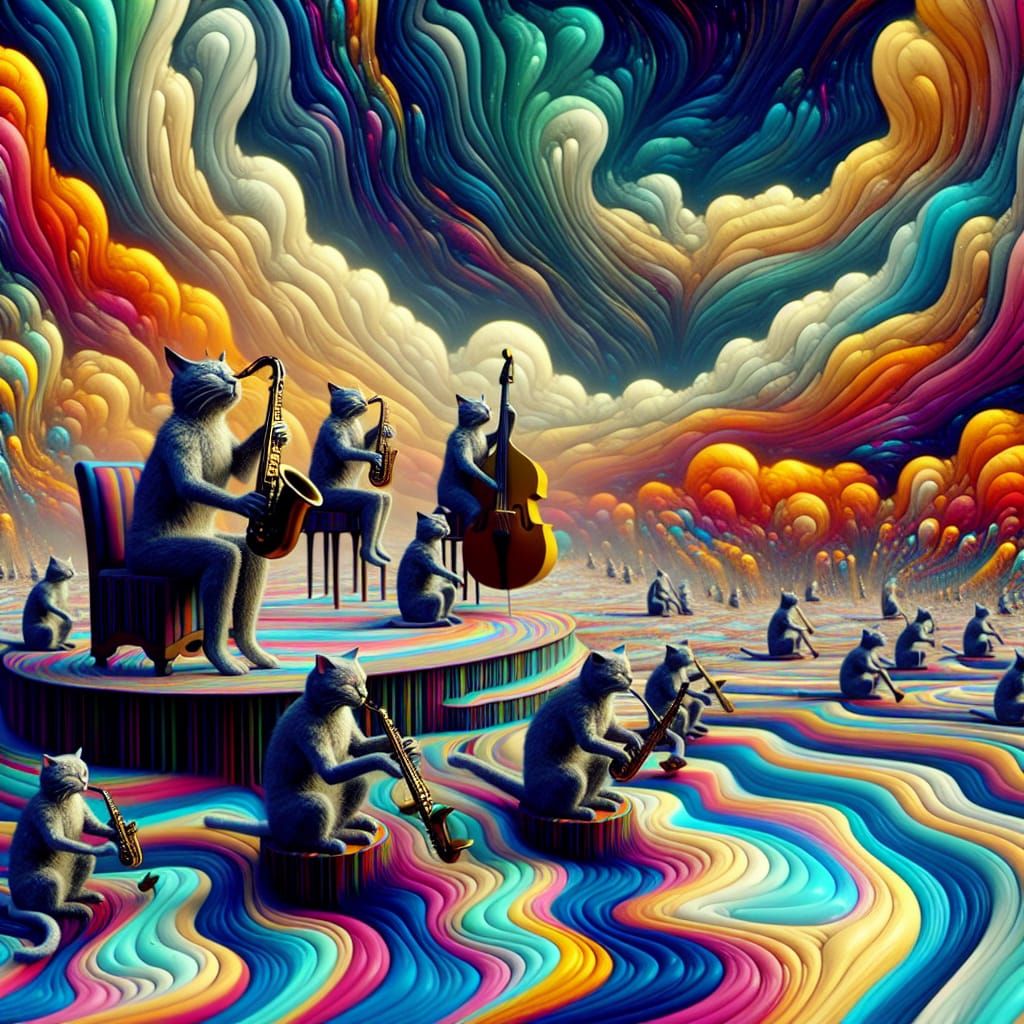 Surreal Feline Jazz Ensemble on Rooftop Lake