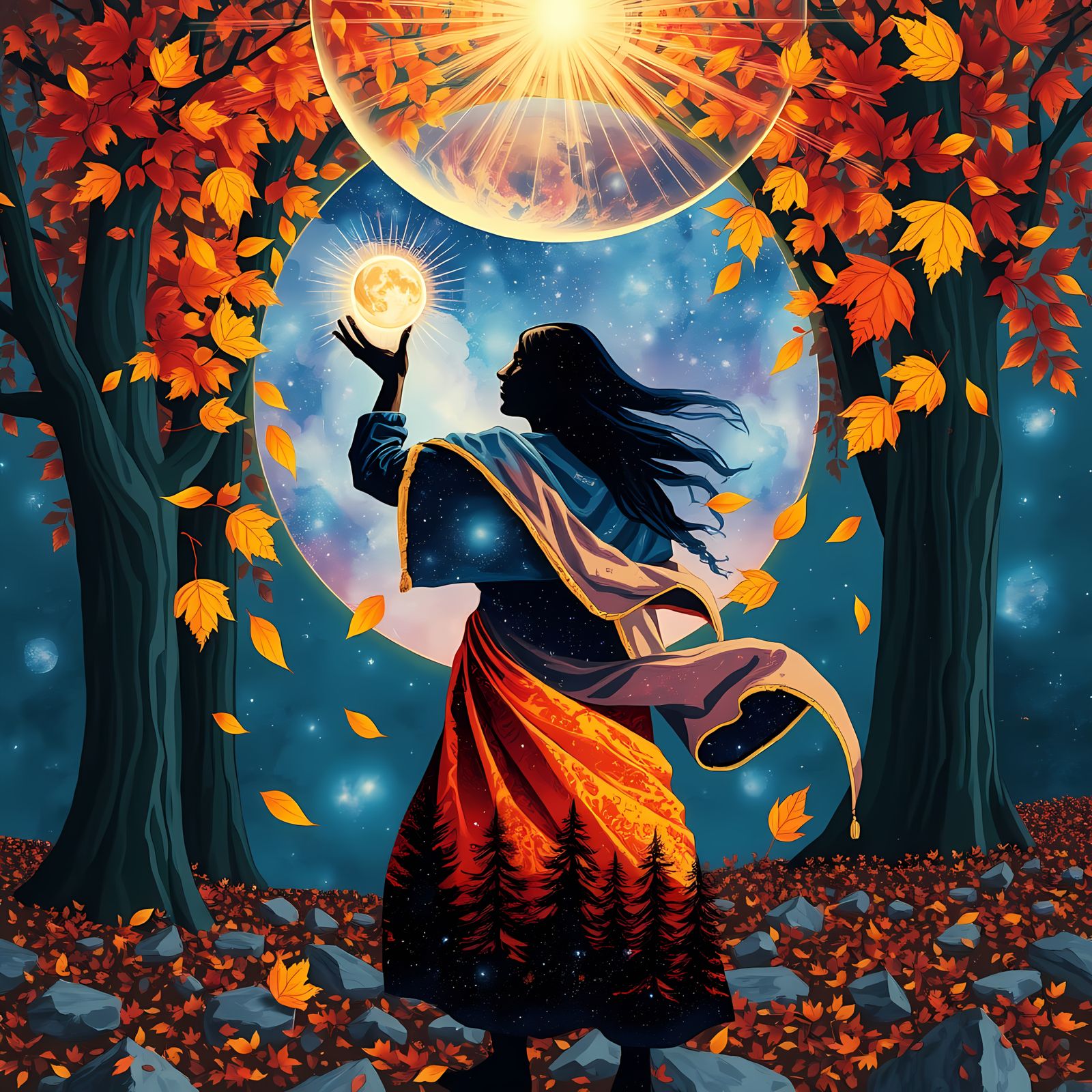 Autumn Spellcaster Conjuring a Galaxy Portal
