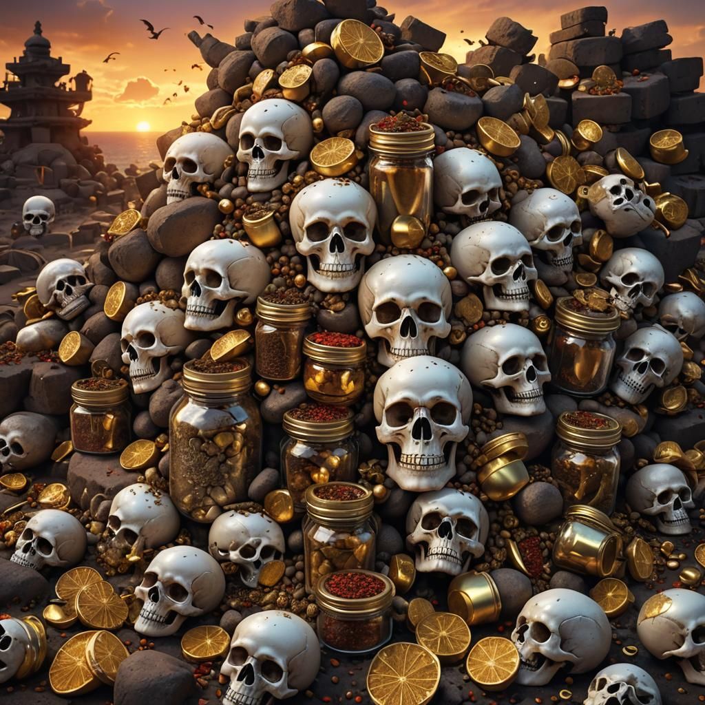 Pile of Gold Coins and Skulls at Sunset