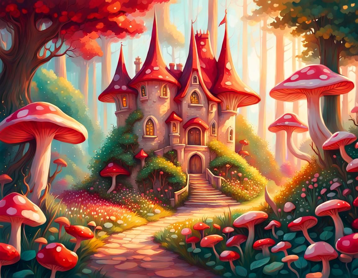 Fairy Wonderland with Mushroom Castles in Gouache Style