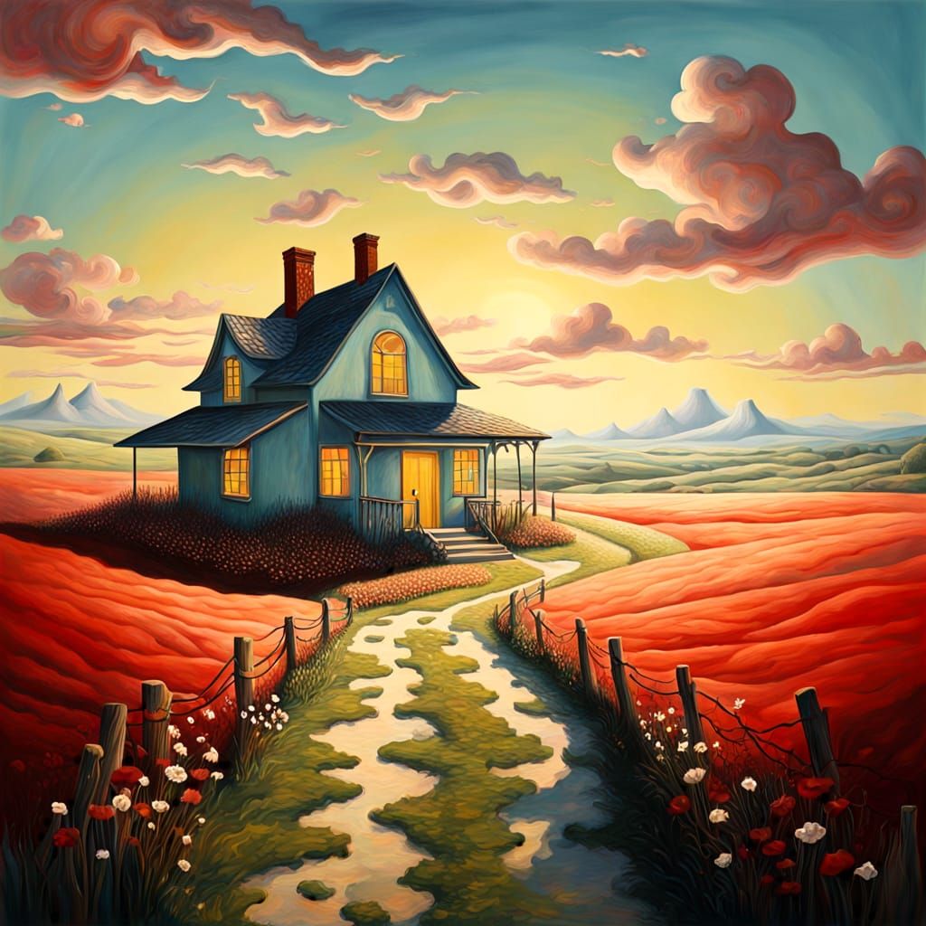 Surreal Gingham Meadow in Dreamy Fantasy Landscape