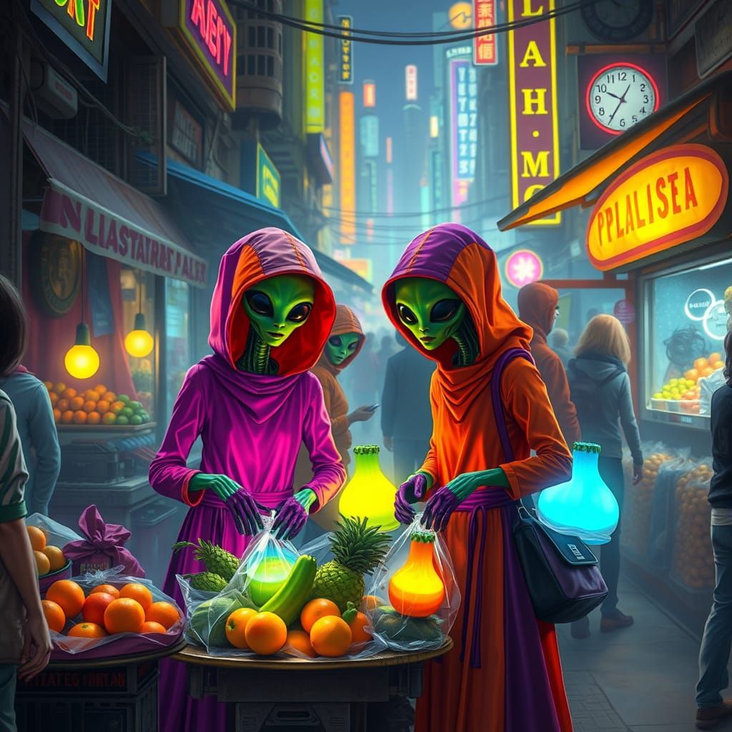Alien Merchants Selling Glowing Produce in Futuristic Citysc...