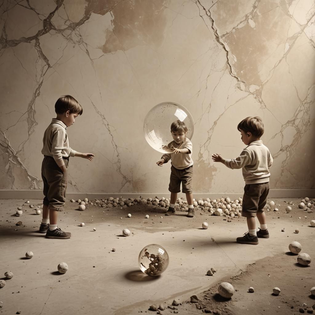 Nostalgic Children Playing Marbles in Sepia Tone