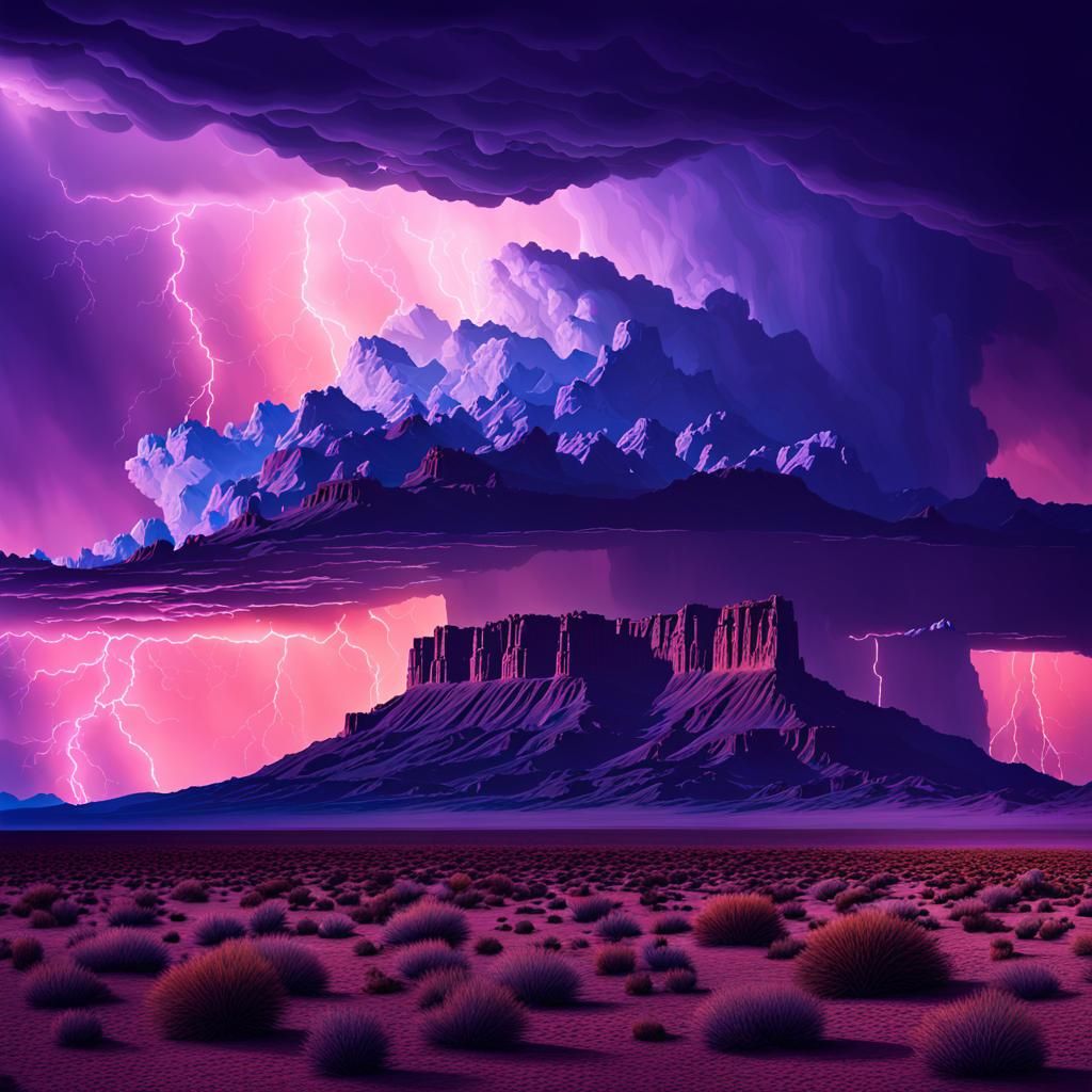 Synthwave Thunderstorm Over Desert Mesa at Dusk