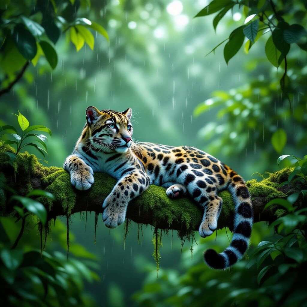 Clouded Leopard in Rainy Rainforest, Hyperrealistic Style