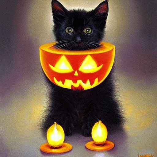 Fluffy Kitten in Jack-o'-Lantern as Oil Painting