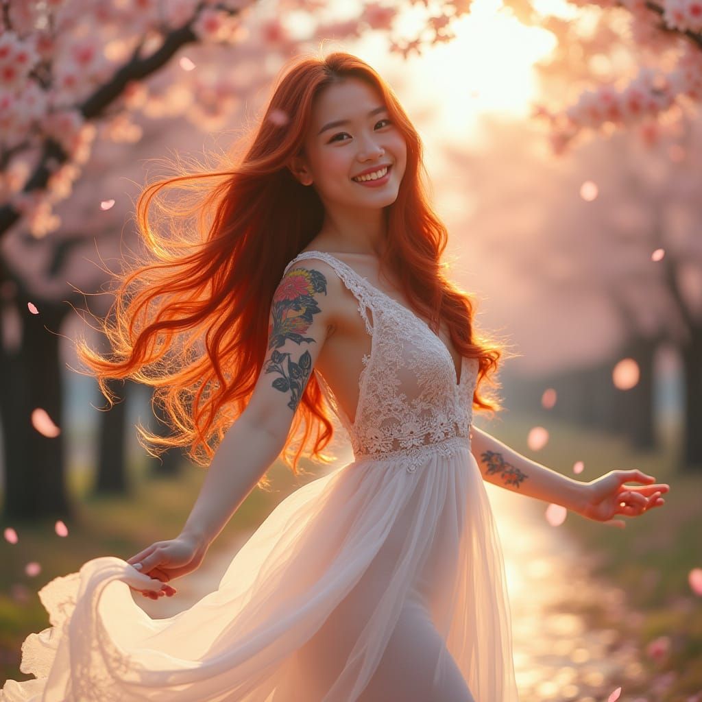 Japanese Woman Twirling in Cherry Blossom Forest